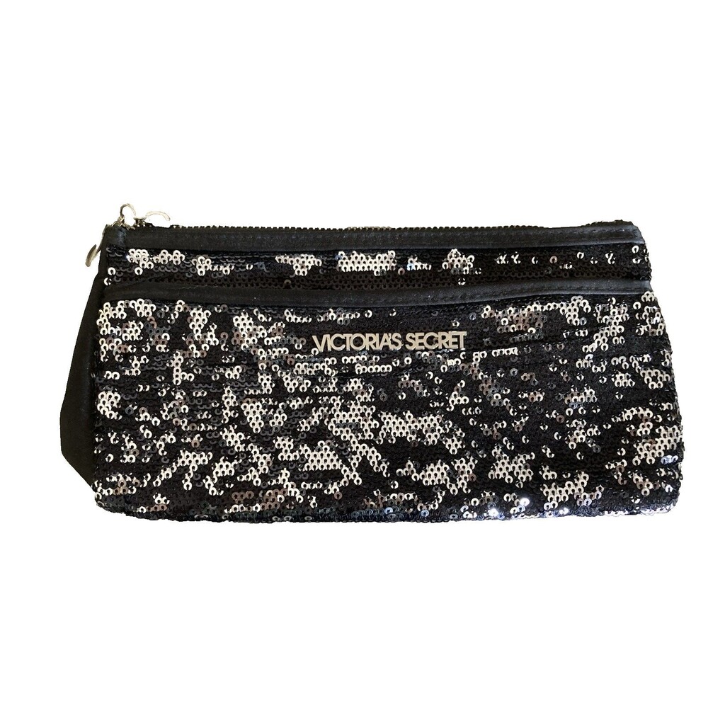 Victoria's Secret Black Sequin Clutch Purse Make Up Bag Zip up Silver Accents